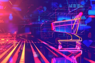 Creative business model of ecommerce, focusing on global sales strategies, depicted in synth wave styles with element at an international trade fair, Sharpen banner with copy space