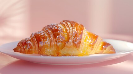 A croissant placed on a white porcelain plate, with a light drizzle of honey on a soft pastel background.