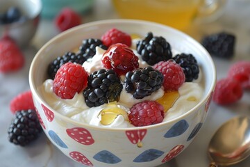 A bowl filled with various fruits sits on top of a wooden table, A bowl of Greek yogurt topped with berries and honey
