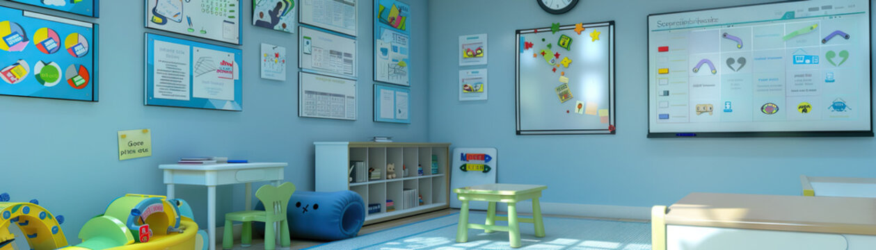 Speech Therapist's Office Wall: Featuring phonetic charts, speech therapy materials, and a whiteboard with therapy schedules