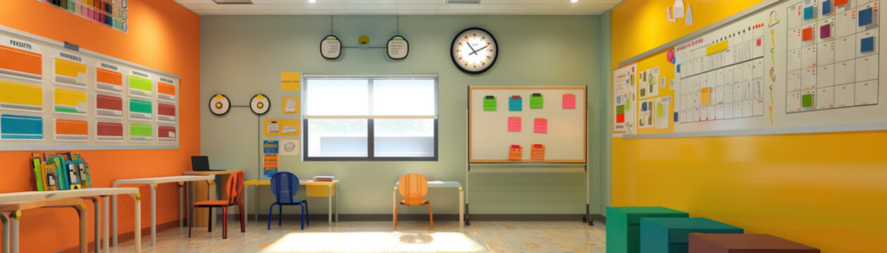 Speech Therapist's Office Wall: Featuring phonetic charts, speech therapy materials, and a whiteboard with therapy schedules