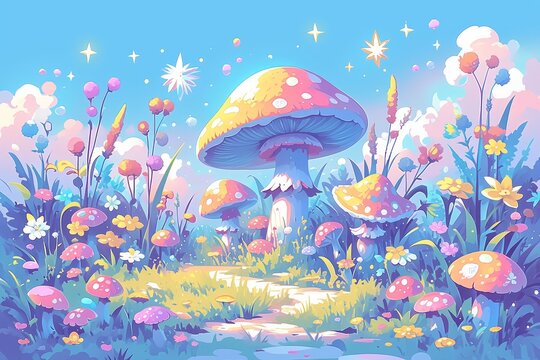 colorful cartoon illustration of a psychedelic mushroom forest with bright colors and lots of mushrooms