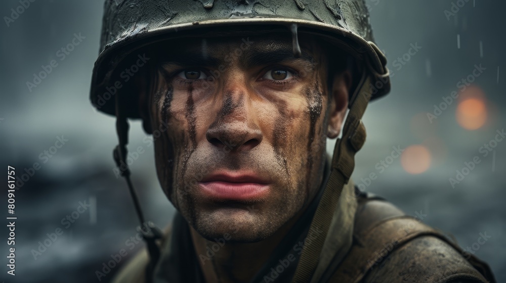 Poster Intense soldier with combat gear in the rain