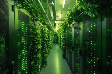 A server room with green plants growing on the walls - Powered by Adobe