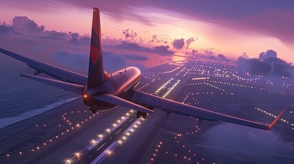an airplane soaring high in the sky, its lights ablaze and wing prominent, while below, the illuminated runway resembles an endless street stretching into the distance.