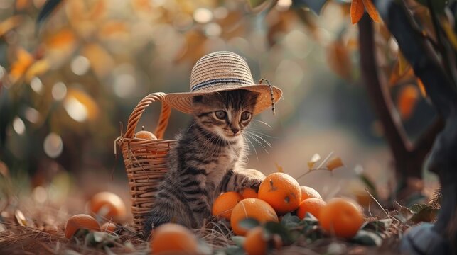 a cute kitten adorned in a charming old-fashioned checkered suit and straw hat, picking oranges under an orange tree while holding ripe oranges in both paws.