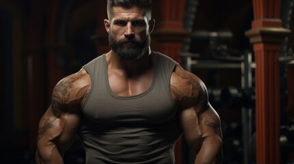 Fototapeta premium muscular tattooed man with beard in gym