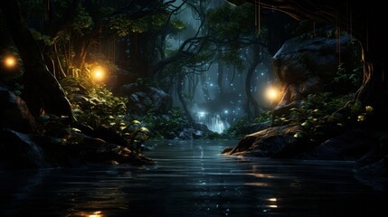 Magical forest waterfall landscape at night
