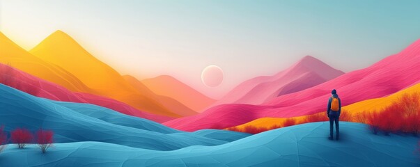 Fototapeta premium Hiker overlooking vibrant alien landscape