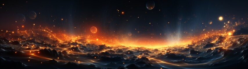 Naklejka premium Fiery alien landscape with glowing moons