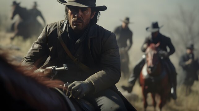 Cowboy riding a horse, cowboy holding gun, cowboy and his team riding horse, cowboy squad