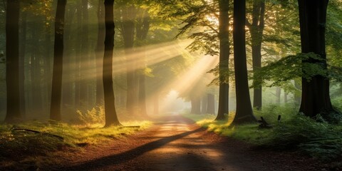 Obraz premium Enchanting forest path with golden sunlight