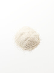 Isolated Celtic Gray Sea Salt On White Background, Vertical Plane. Top View. Natural And Unrefined Salt Harvested From Brittany, France. Superfood, Dieting. Natural Minerals And Trace Elements
