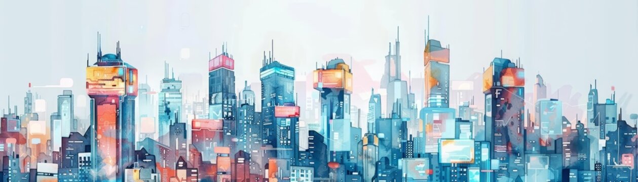 Creative watercolor depiction of a bustling cityscape, emphasizing future technology in cyber styles, clipart kawaii watercolor on white background