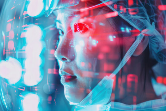 A woman wearing a helmet and a mask has red eyes - Powered by Adobe