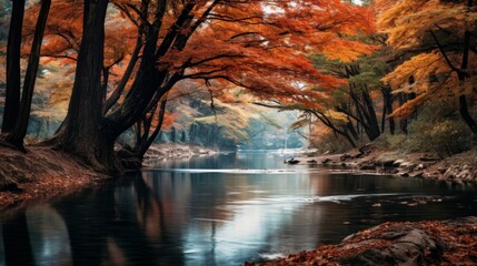 Serene autumn landscape with vibrant foliage and a tranquil lake