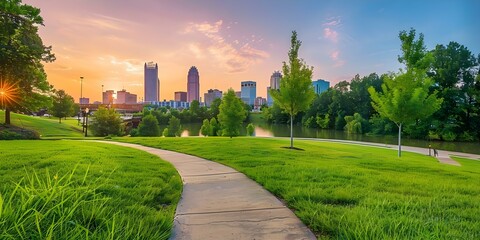Charlotte North Carolina at sunset: A panoramic view of city architecture and commerce. Concept Sunset View, Charlotte NC, City Architecture, Commerce, Panoramic Shots