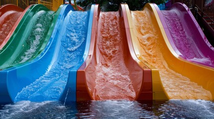 Color water slide in water park, water splashes, joyful mood, summer vacation
