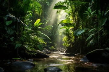 lush tropical rainforest with flowing stream