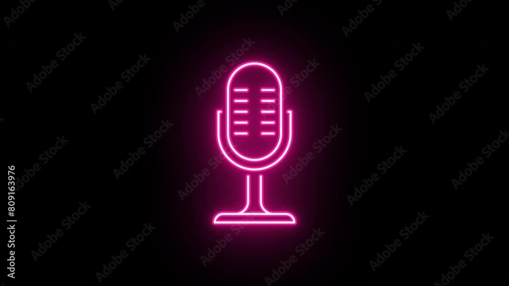 Wall mural neon mic icon animation, flickering emergence and fading. glowing neon microphone sign, looped anima