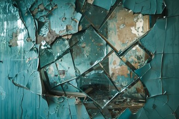 Broken mirror with shards, resting on side of wall, A broken mirror reflecting a shattered image
