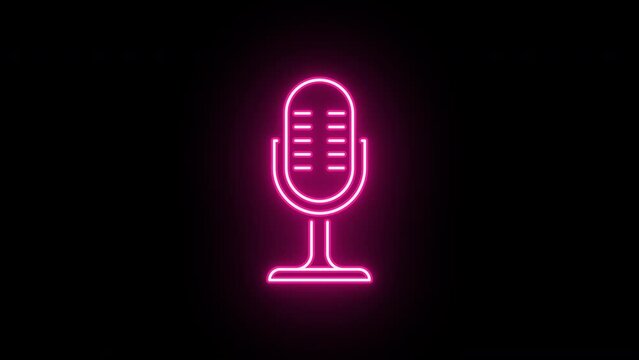 Neon mic icon animation, flickering emergence and fading. Glowing neon microphone sign, looped animation. Audio podcast, live voice interview, on air, radio show, sound record. Red, pink, purple color