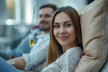 Maintenance and restoration of human immune system with vitamin IV infusion therapy. Beautiful woman with her boyfriend in modern wellness center during intravenous vitamin therapy
