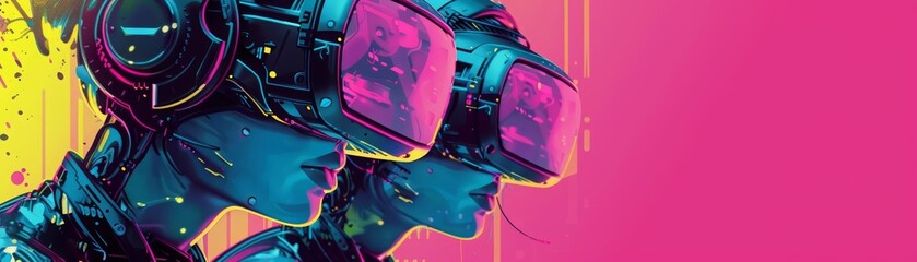 Futuristic Pop art color of robots, celebrating a cyber Monday with a vibrant synthwave color banner template
