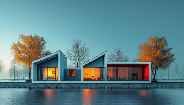 Modern lakefront houses with autumn trees and reflections