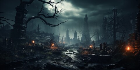 Haunting fantasy landscape with dark castle towers and gloomy atmosphere