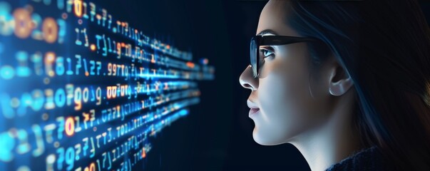 A focused woman is studying a computer screen displaying numerical data