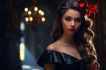 Fototapeta premium Elegant woman with red bow in dark hair