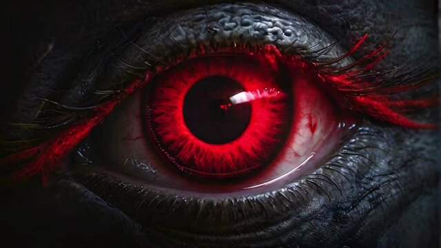 Close-up of a demonic red eye with intricate textures. Detailed view of a horror character's eye. Concept of Halloween, intense gaze, evil presence, sinister presence. Motion