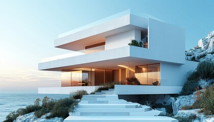 Modern white house perched on a cliff overlooking the sea