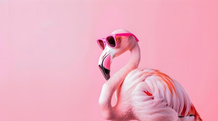 Flamingo bird standing with pink sunglasses against a pink background