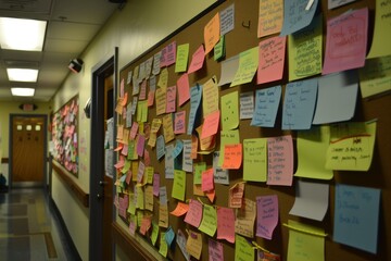 Numerous colorful post it notes completely cover a bulletin board, creating a busy and vibrant display, A bulletin board filled with sticky notes and study tips