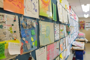 A wall covered in various colored papers, showcasing student work and announcements, A bulletin board filled with student work and announcements