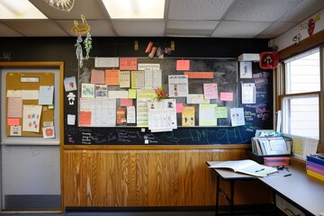 A classroom setting with a blackboard completely covered in colorful sticky notes, showcasing student ideas and announcements, A bulletin board filled with student work and announcements