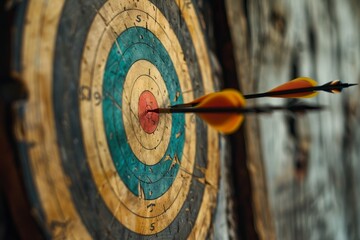 Close up of an arrow piercing the center of a target, surrounded by other arrows, A bullseye with arrows pointing towards it