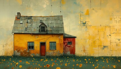 Old colorful house in a field of golden wildflowers