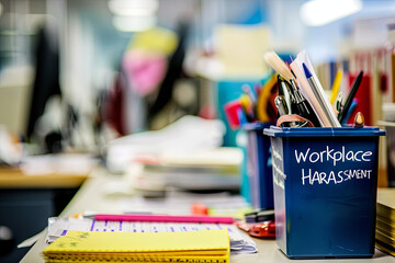 Documents about workplace harassment in an office, with writing " Workplace HARASSMENT "
