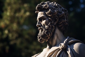 ancient greek statue with curly hair and beard