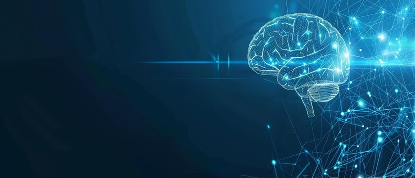 Illustration of cybernetic human brain integrates advanced computing capabilities for neurological health care, Sharpen banner template with copy space on center