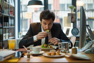 A man, likely a businessman, eats food while seated at a desk in an office setting, A businessman eating a quick lunch at his desk