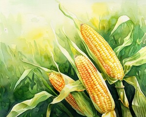 A watercolor illustration showcasing corn, recognized as a superfood for its high fiber and antioxidant content, contributing