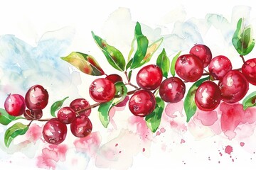 A watercolor illustration featuring cranberries, celebrated for their high antioxidant content and potential to promote urinary tract health, embodying the concept of superfoods. - obrazy, fototapety, plakaty