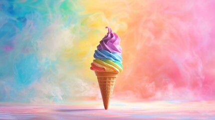 Colorful Swirls Of Ice Cream Cone On A Dreamy Multicolored Background. Generative AI