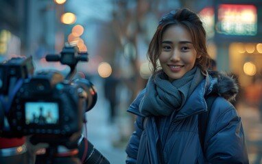 Fototapeta premium A woman confidently stands in front of a camera in the bustling city street, ready to capture the moment