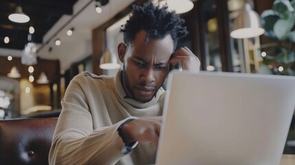 Focused African American Man Working Intensely on Laptop in a Coffee Shop