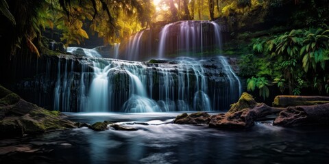 Majestic waterfall in lush tropical forest